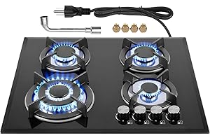 4-Burner Gas Stove Top: Propane and Natural Gas Compatible, Black Tempered Glass...
