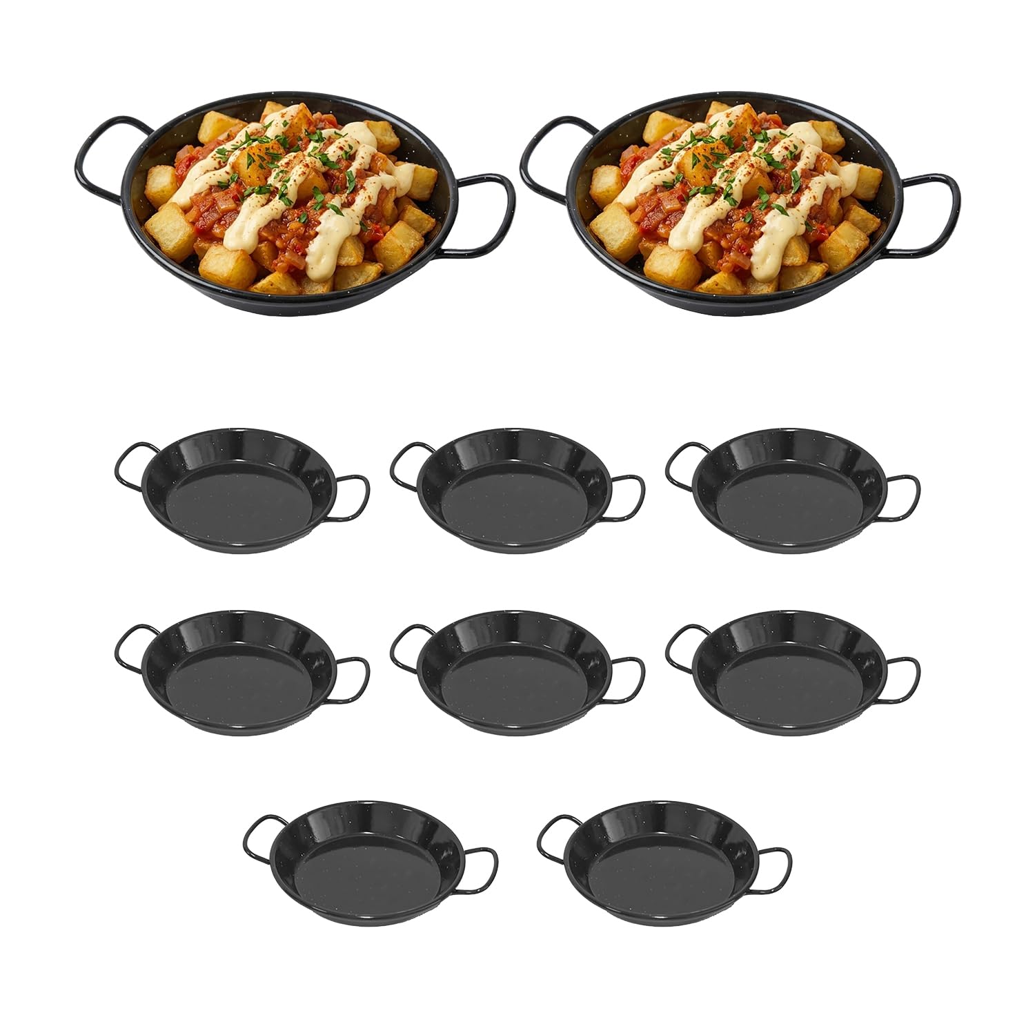 Paella Esmaltada | Pack 10 | 10x13,5x2cm | Paellera Valenciana de Acero | Raciones Individuales Mini Paellas Tapas Arroces | Paellas Grandes | Hostelería Bar Restaurantes Hoteles (10cm (10Ud))