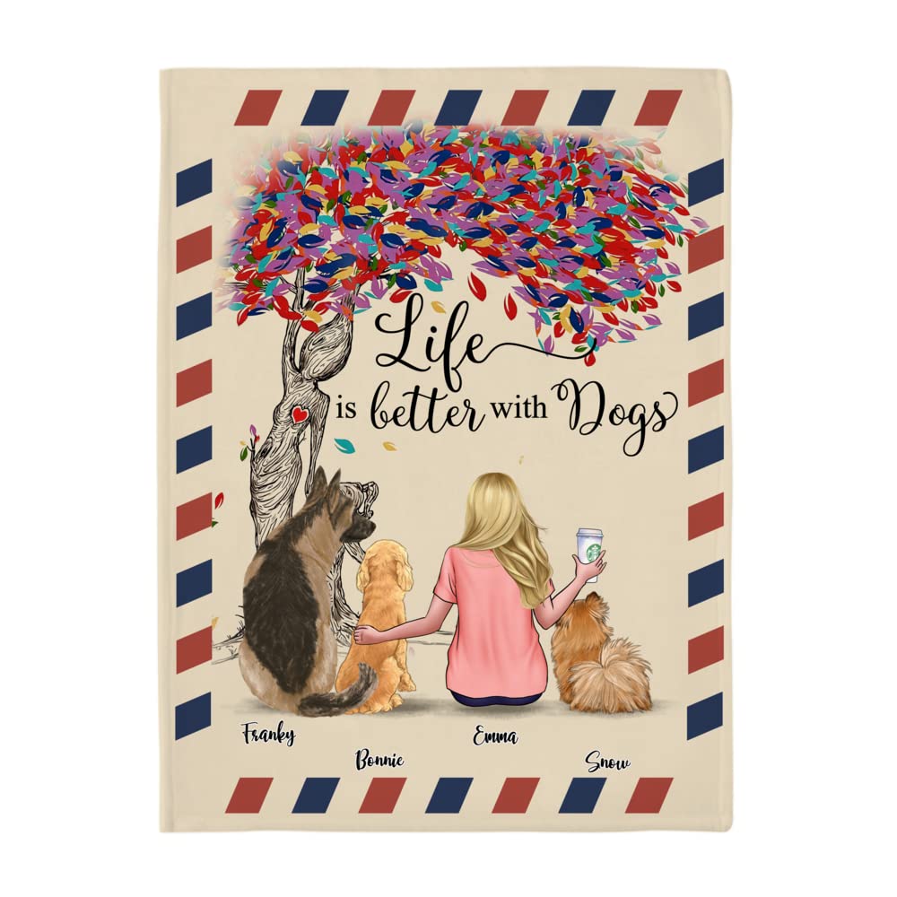GossbyPersonalized Custom Blanket (Girl and 3 Dogs) Life is Better with Dogs Customized Dog Blanket, Custom Blankets with Dog, Memorial Gifts for Dogs Pets Lovers, Gift for Dog Lover, Customized Dog