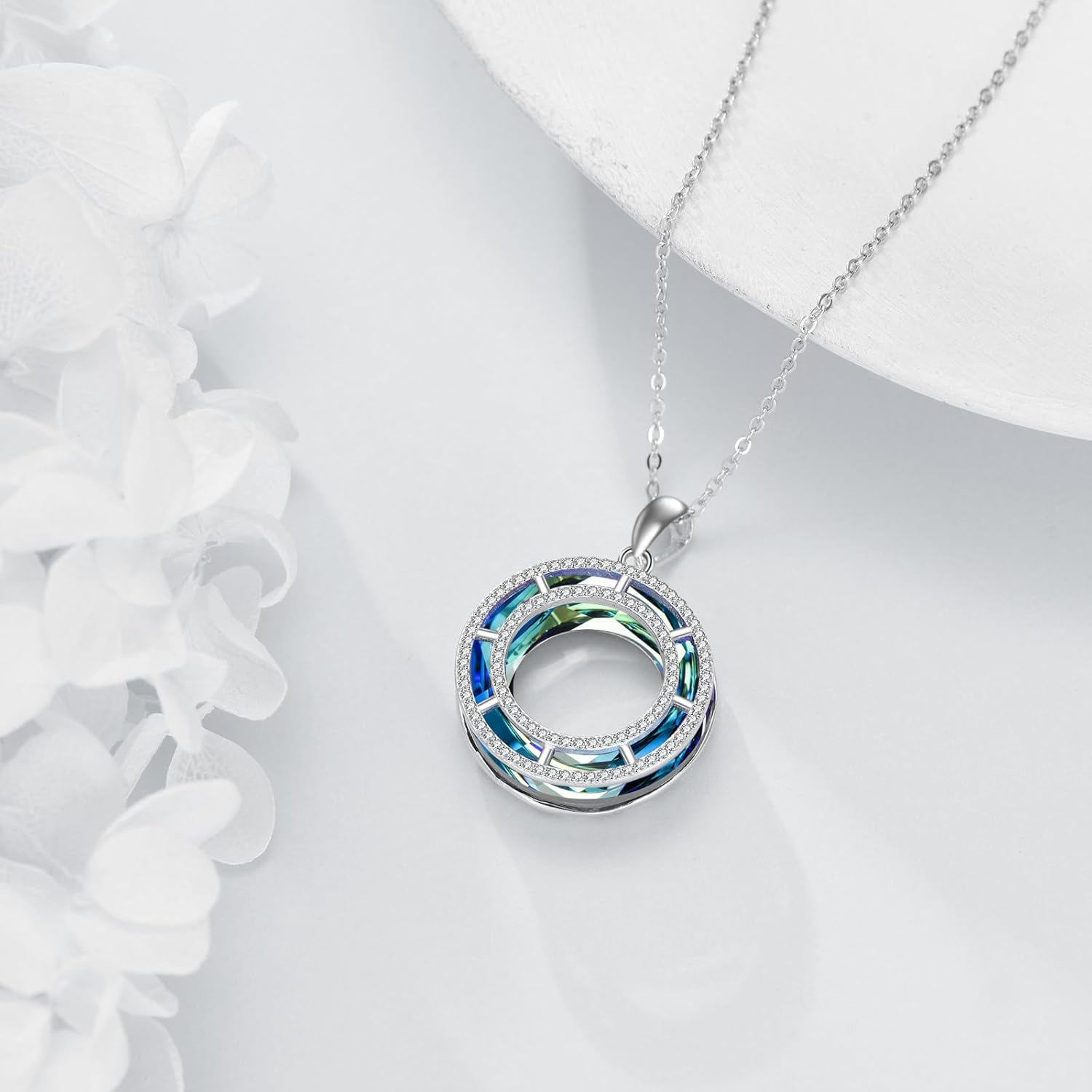 AOBOCO Circle Crystal Necklace for Women 925 Sterling Silver Anniversary Day Gifts for Her Blue Jewelry Mothers Day Christmas Birthday Gifts - Image 3
