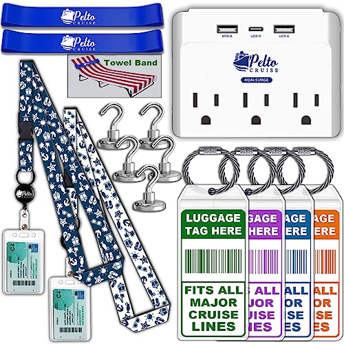 Cruise Ship Essentials 2025 Must Haves - Cruise Luggage Tags Holder, Cruise Approved Non-Surge Power Strip, Magnet Hooks, Lanyard, Towel Bands. Cruise Accessories for All Cruise Lines