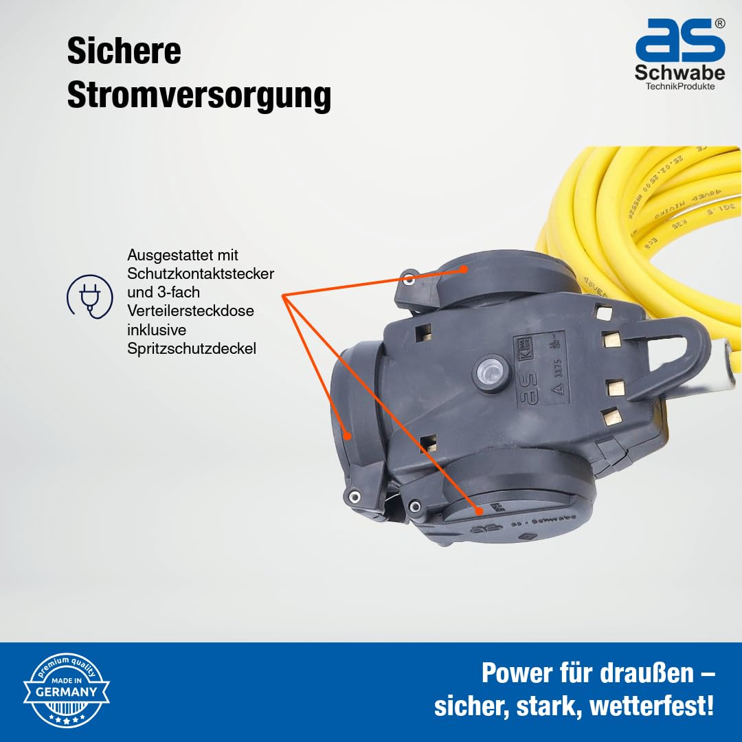 as - Schwabe K35 AT-N07V3V3-F 3G2,5 Répartiteur 3 prises en caoutchouc plein 15 m avec 3 prises de contact de protection et couvercle de sécurité IP44 pour l'extérieur 60343