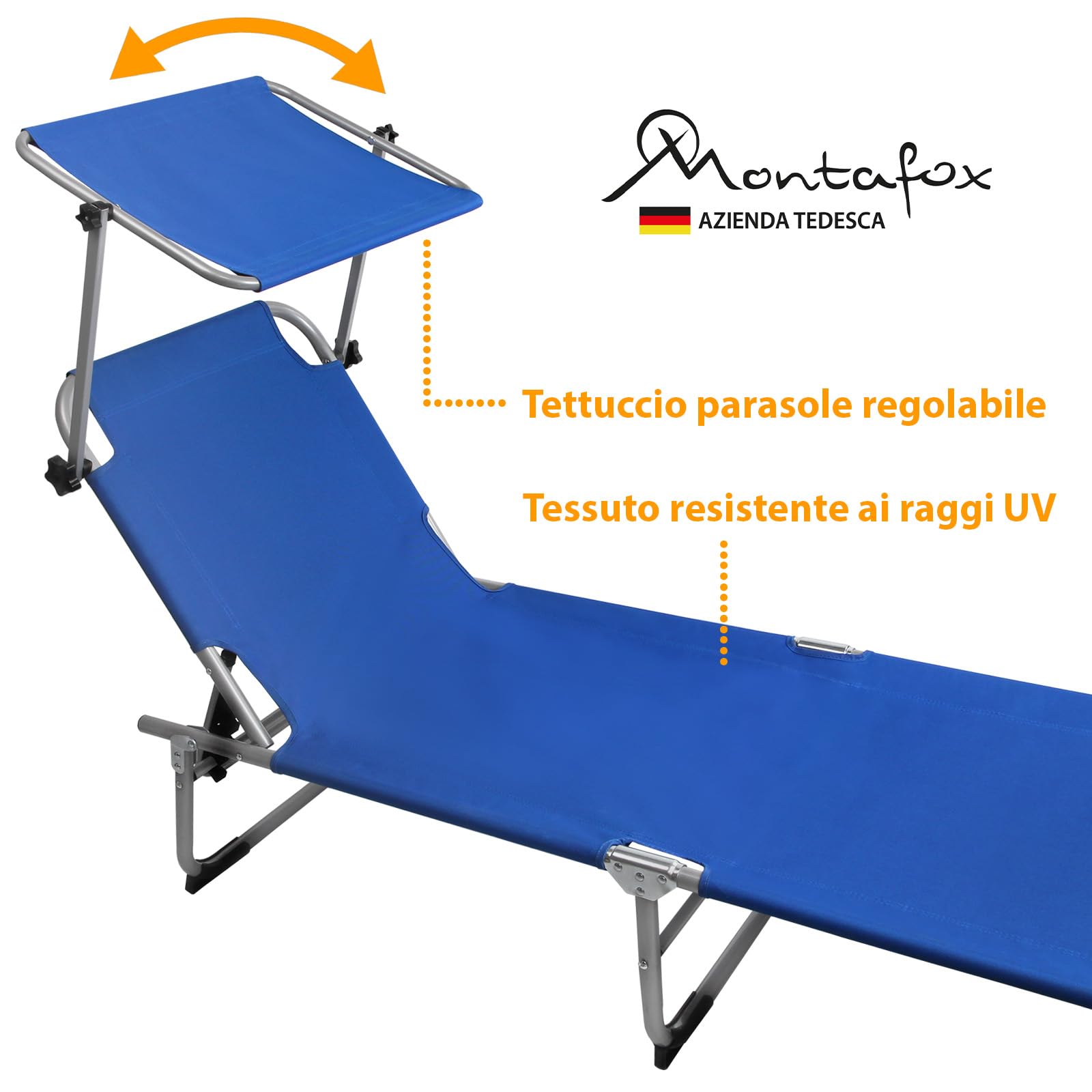 Montafox Lettino Prendisole Tettucio 195 x 59 x 32 cm Sedia Sdraio Mare Piegvole Leggero Schienale Regolabile Parasole Terrazzo Piscina Giardino, Colore:blu scuro