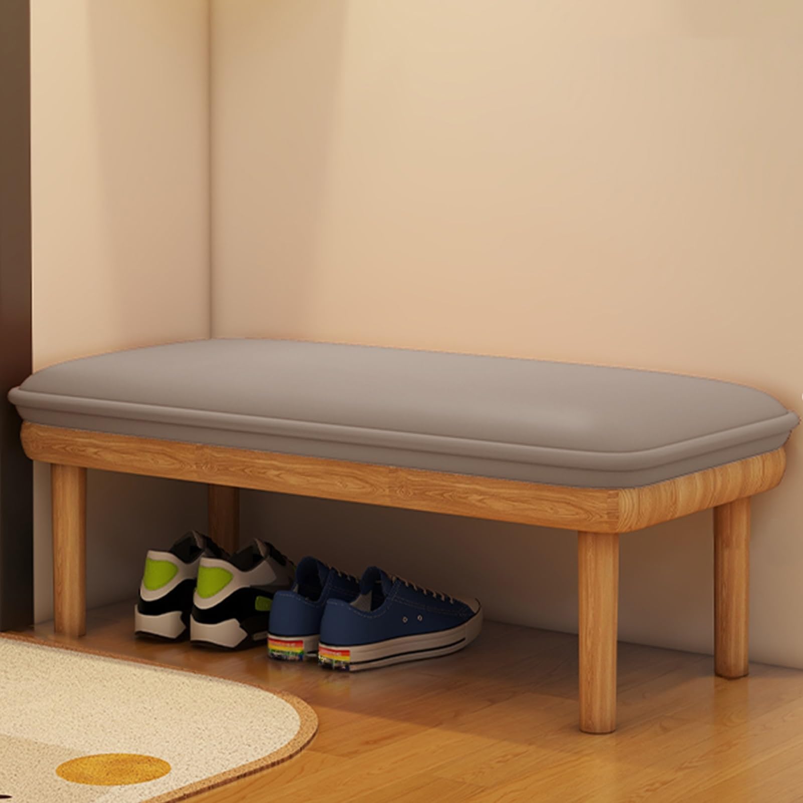 Banc à chaussures en bois massif et cuir gris de 80 cm, l'excellence du mobilier d'entrée