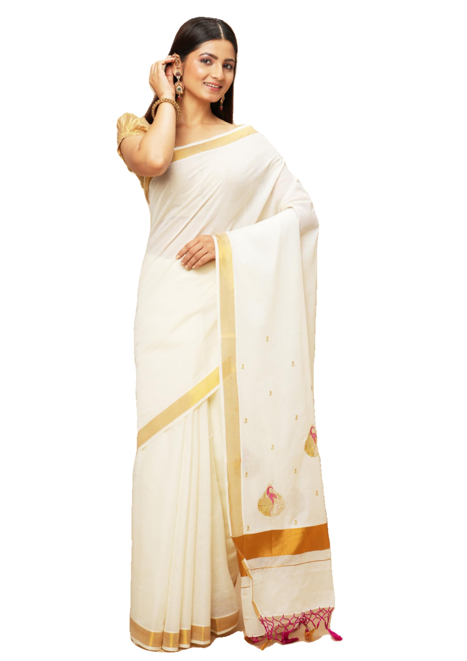 manvish drapesPlain Kasavu Cotton Sarees - Kerala Festive Attire for Women with Special Pallu and Tassels - Traditional Wear