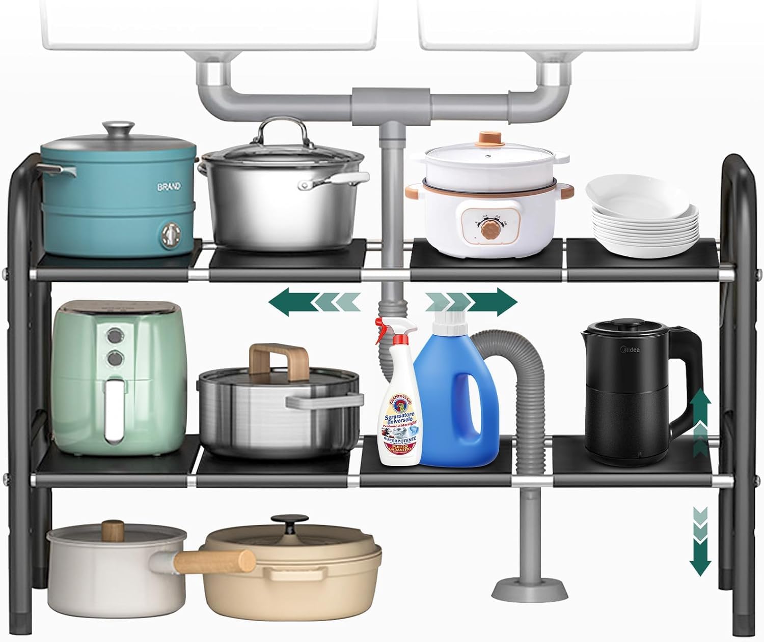 Clefairy Under Sink Organizers,2 Tier Expandable Cabinet Shelf Organizer Rack with Removable Panels for Under Kitchen Bathroom Storage,Multi-Use Sink Shelf Storage Rack for Countertop Cabinet