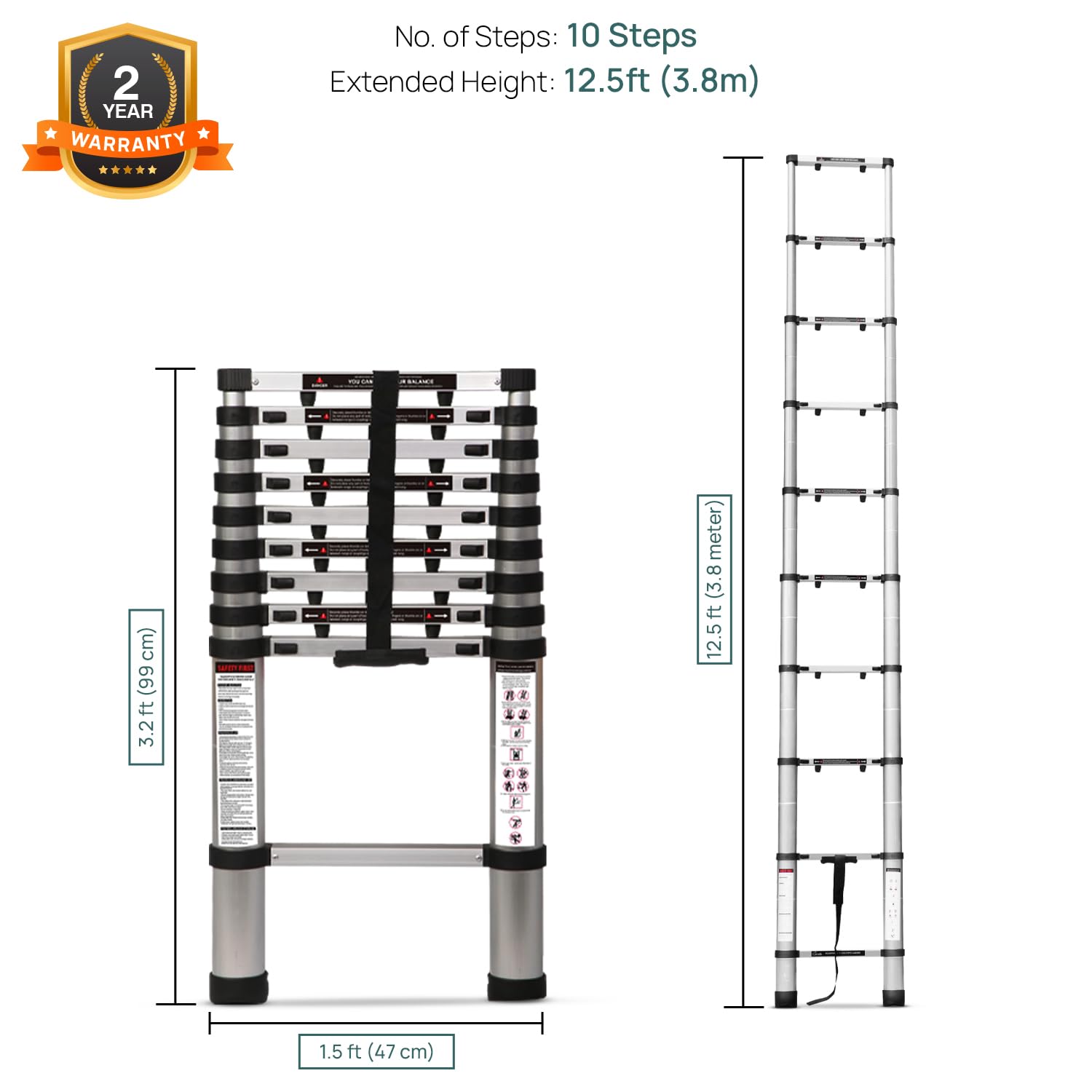 Corvids 3.8m (12.5 ft) Portable & Compact Finger Protect Aluminium Telescopic Ladder | 2-Year Warranty | EN131 Certified 10-Steps Foldable Multipurpose Step Ladder for Home & Outdoor use 1