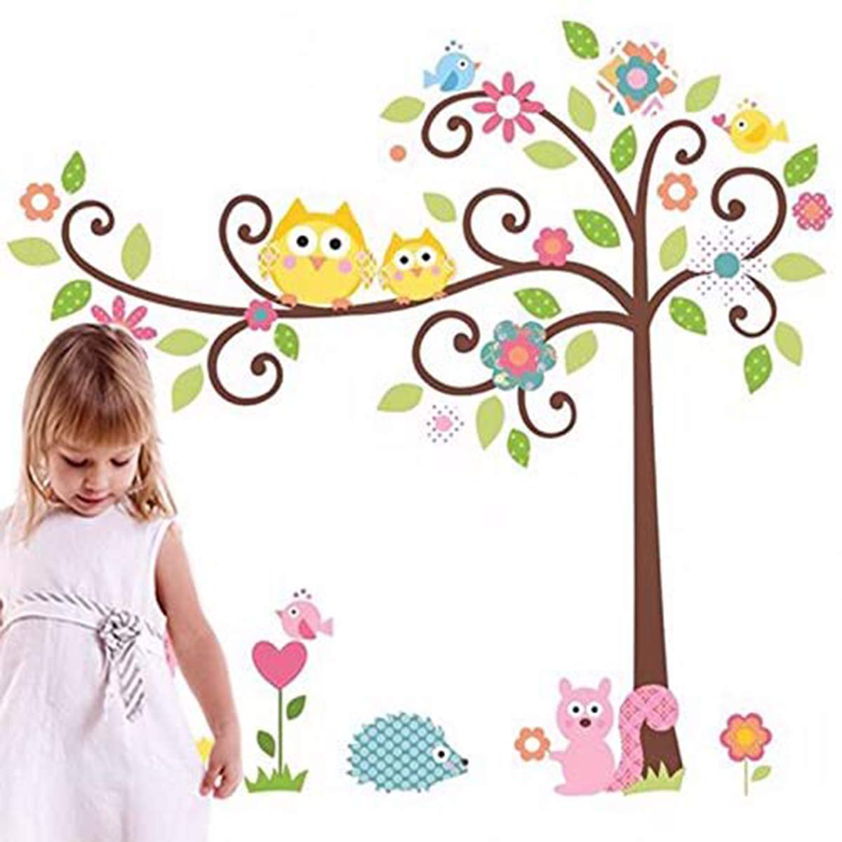 Wall Sticker Owls and Natural Paradise Staying on a Tree, Multicoloured