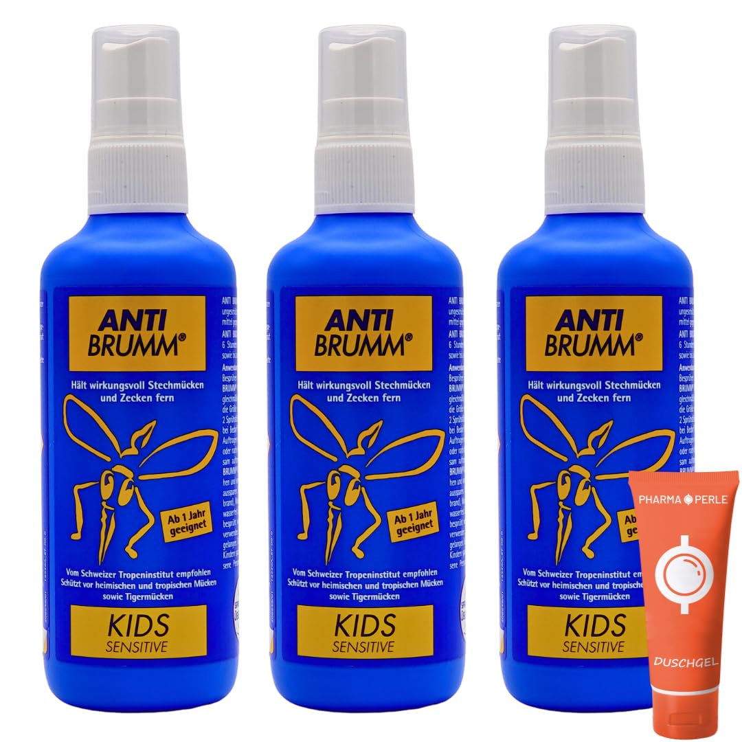Anti Brumm Kids Sensitive 3x 150 ml I Schutz gegen Mücken und Zecken I Mückenspray I zu Hause, Reisen, Tropen I Icaridin I Kinder ab 1 Jahr I empfindliche Haut I Spar-Set plus Pharma Perle give-away