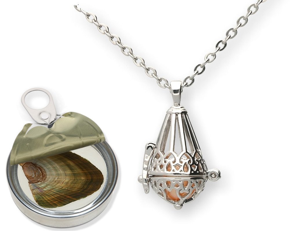 Pearlina Filigree Lantern Cultured Pearl in Oyster Necklace Set Silver tone Cage w/Stainless Steel Chain 18"