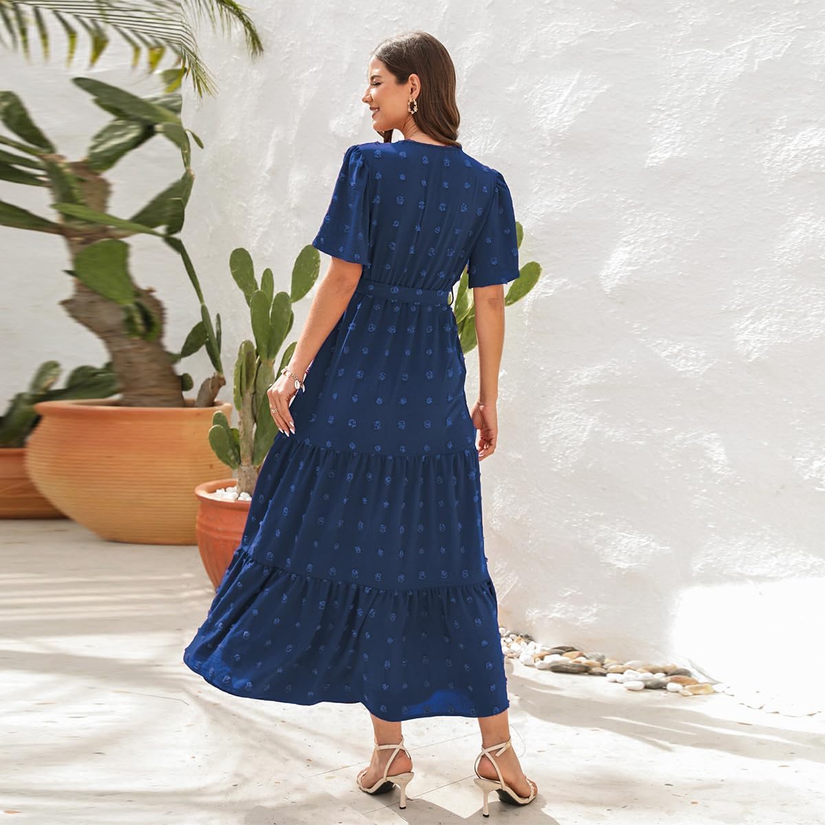 IKADEX Women Casual Swiss Dot Tiered Maxi Dress Short Sleeve Wrap V-Neck A-line Boho Flowy Summer Dress - Image 5