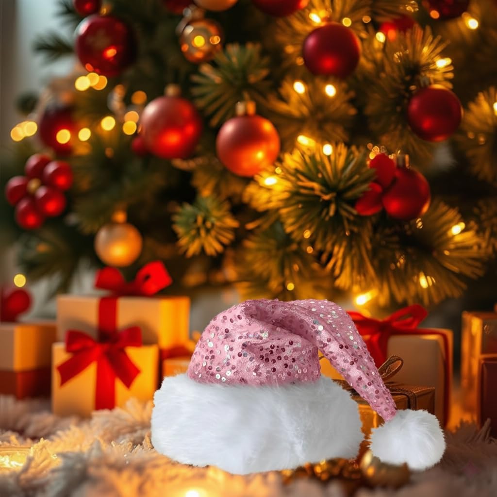 LLUOXI Pink Sequined Santa Hat, Luxury Plush Velvet Christmas Hat for Adults & Kids - Image 4