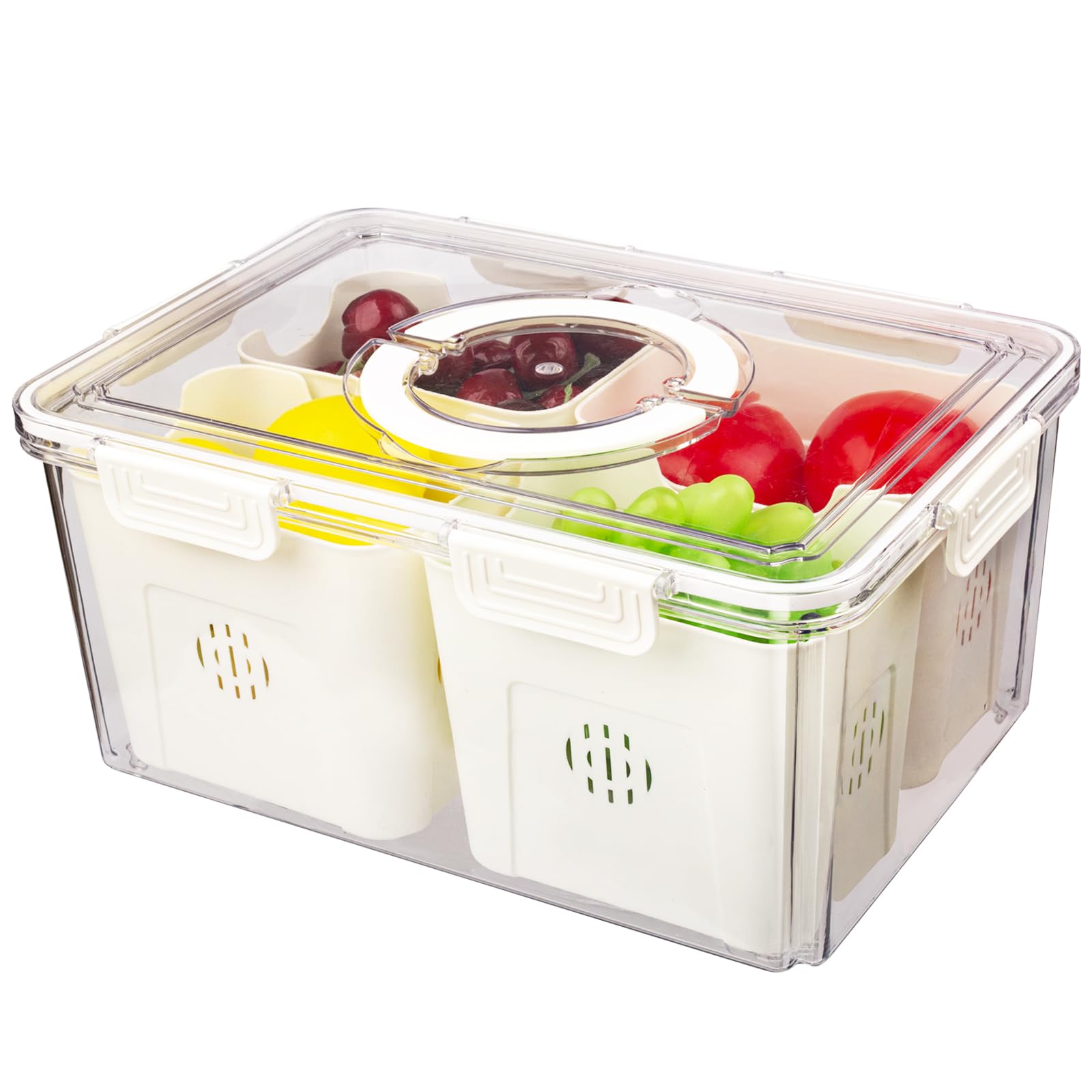 Contenedores grandes herméticos de almacenamiento de frutas para refrigerador con tapas y asa, contenedor de almacenamiento de alimentos sin BPA con 4 coladores extraíbles, ahorrador de frutas y