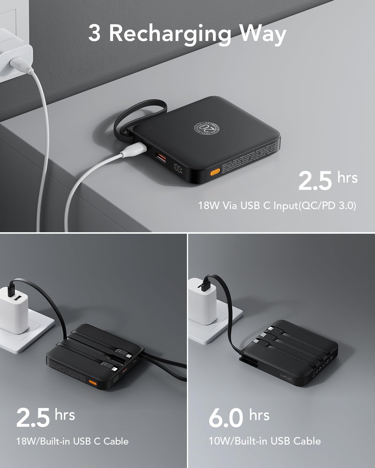 VRURC Zewnętrzna bateria 20000mAh z 4 wbudowanymi kablami Mini Power Bank USB C 22,5 W szybkie ładowanie przenośna bateria z wyświetlaczem LED do iPhone'a Samsung Huawei Xiaomi