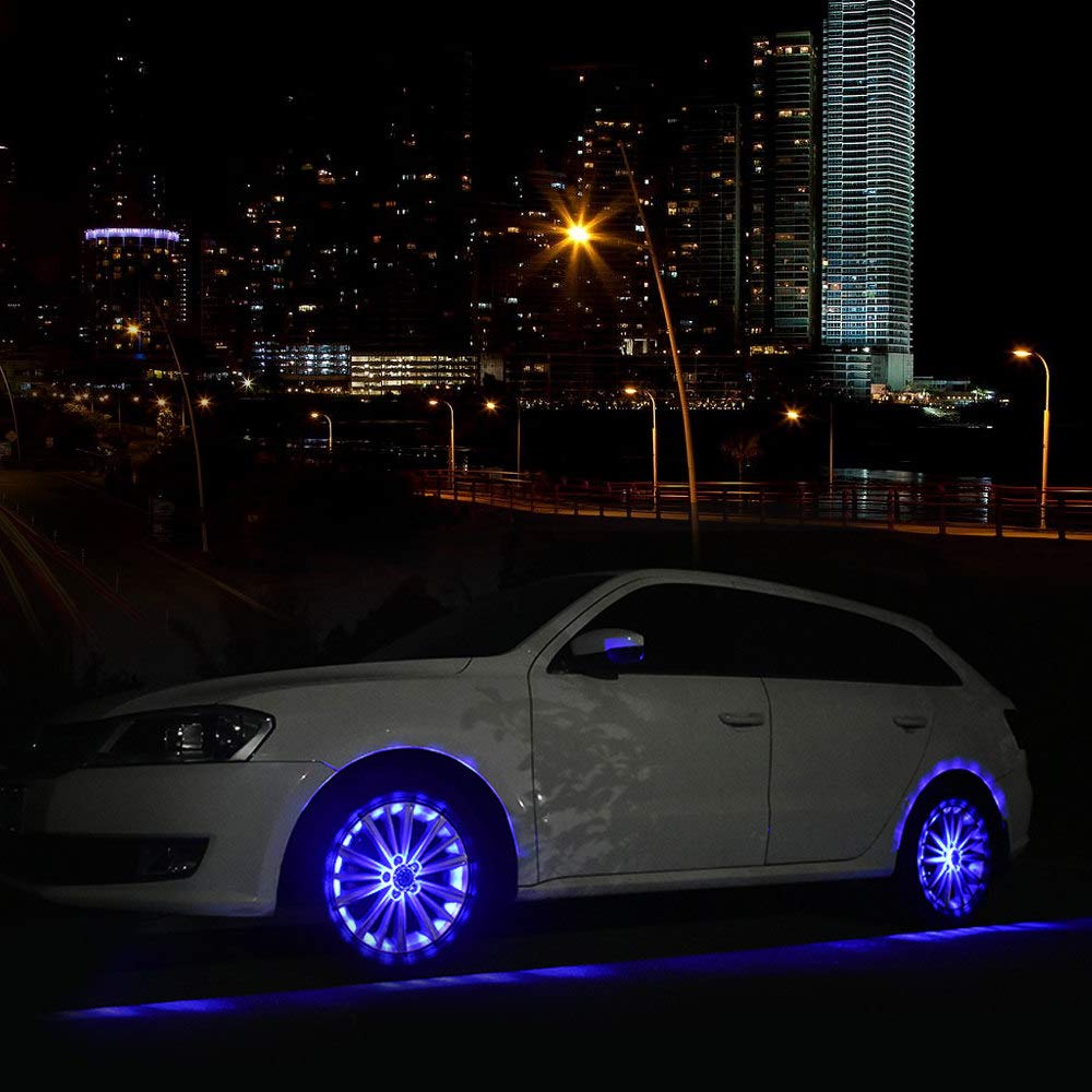 ZH-VBC Led Lights for Cars Wheels, Waterproof Solar Led Flashing Light Car Tire Decoration Fitting Hot Wheel, RGB Flashing Colorful Exterior Lights, Safety Warning Light, 4pcs,Blue