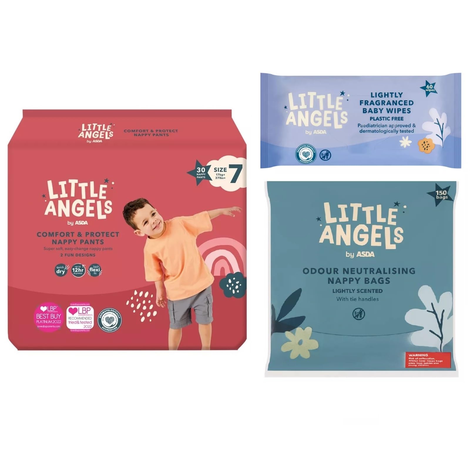 Little Angels Size 7 Nappy Pants 30 Pack bundle with Nappy bags & Lightly Fragranced Wipes