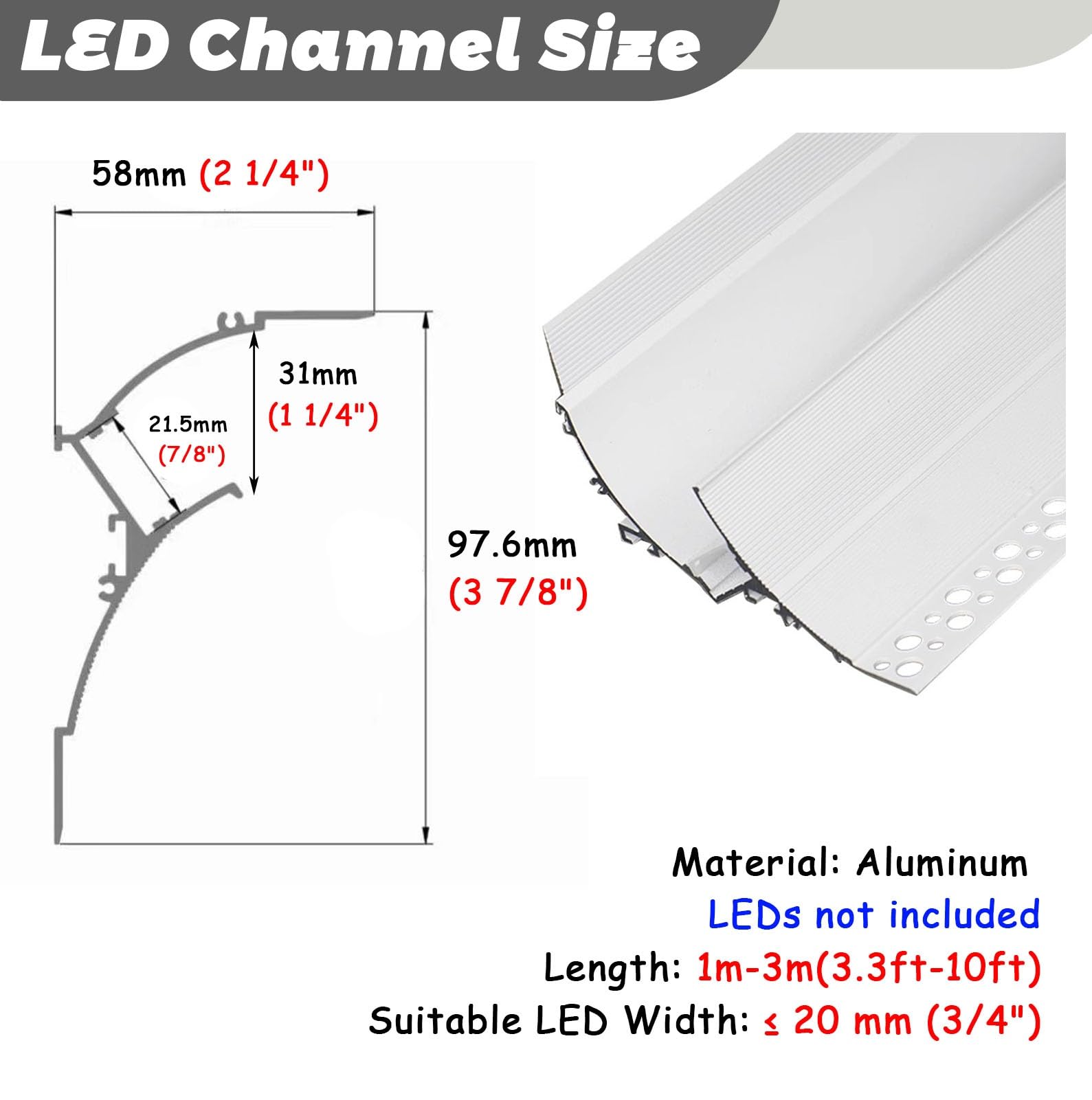 Canaleta de iluminación LED para tiras de 15 mm, embellecedor de aluminio para iluminación indirecta, perfil para empotrar en yeso, 1,7 m (5,5 pies) - Realce la decoración de su hogar con una iluminac