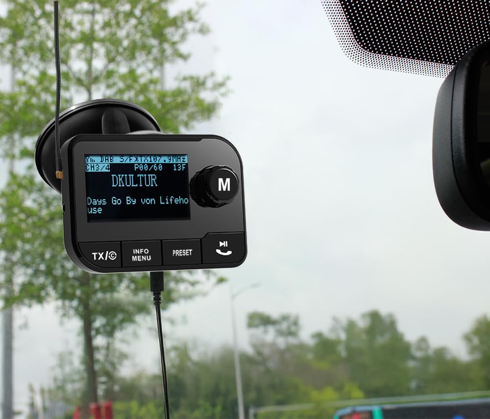 TELESTAR Top Car 1 – Dab+ Adaptador para autoradios, Ranura microSD – Negro | FM-Transmisor, salida Line-Out, streaming de audio Bluetooth, pantalla 2,3″, soporte con ventosa