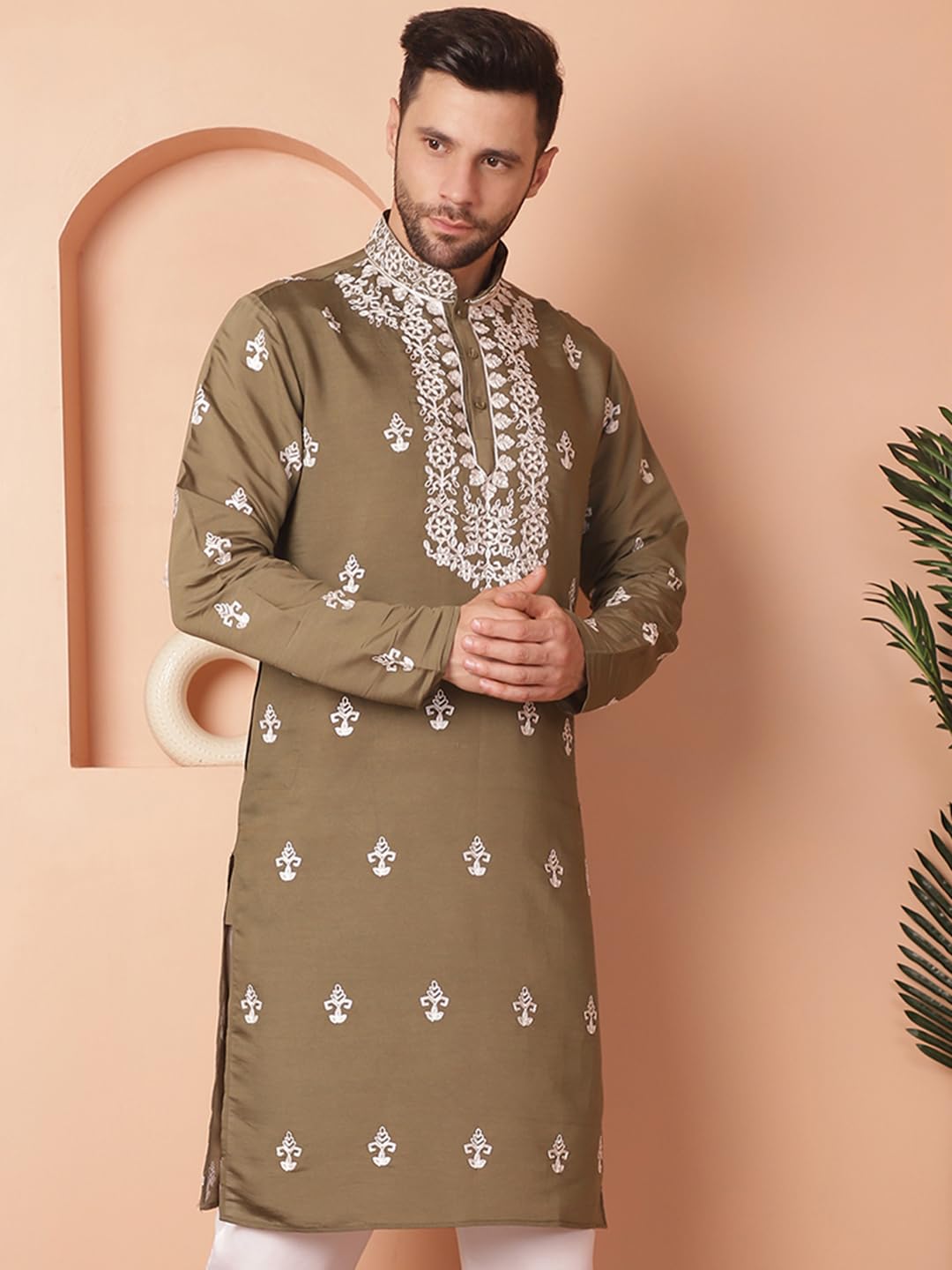 Jompers Men Brown Chikankari Embroidered Kurtas (Brown, M)