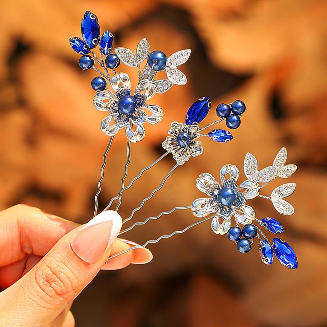 HEREAD Blue Crystal Bride Wedding Hair Pins Silver Flower Bridal Hair Pieces Pearl Hair Accessories for Women and Girls (Pack of 3) (Blue) - Image 2
