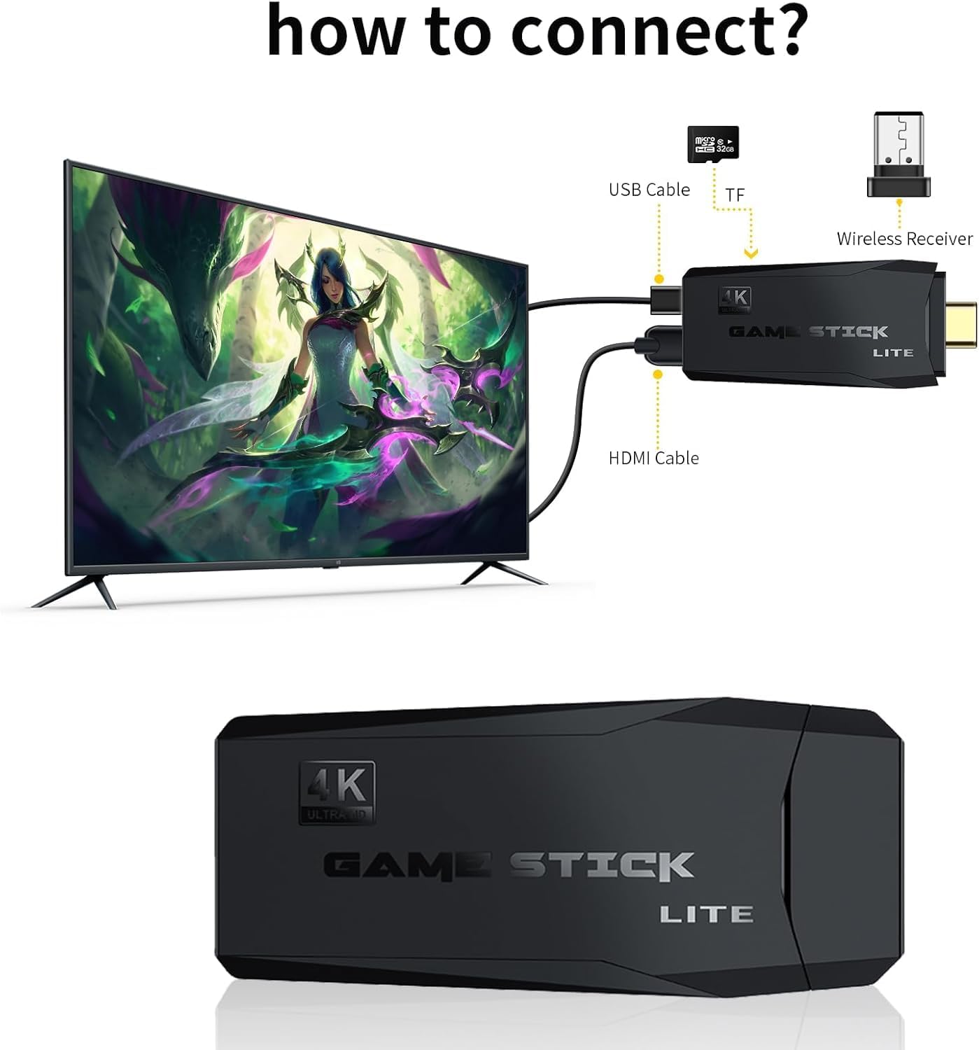 Wireless Retro Game Console Stick Built-in 20000  Classic Games, 4K HDMI Output Nostalgia Plug & Play Retro Video Gaming Stick, Dual 2.4G Wireless Controller