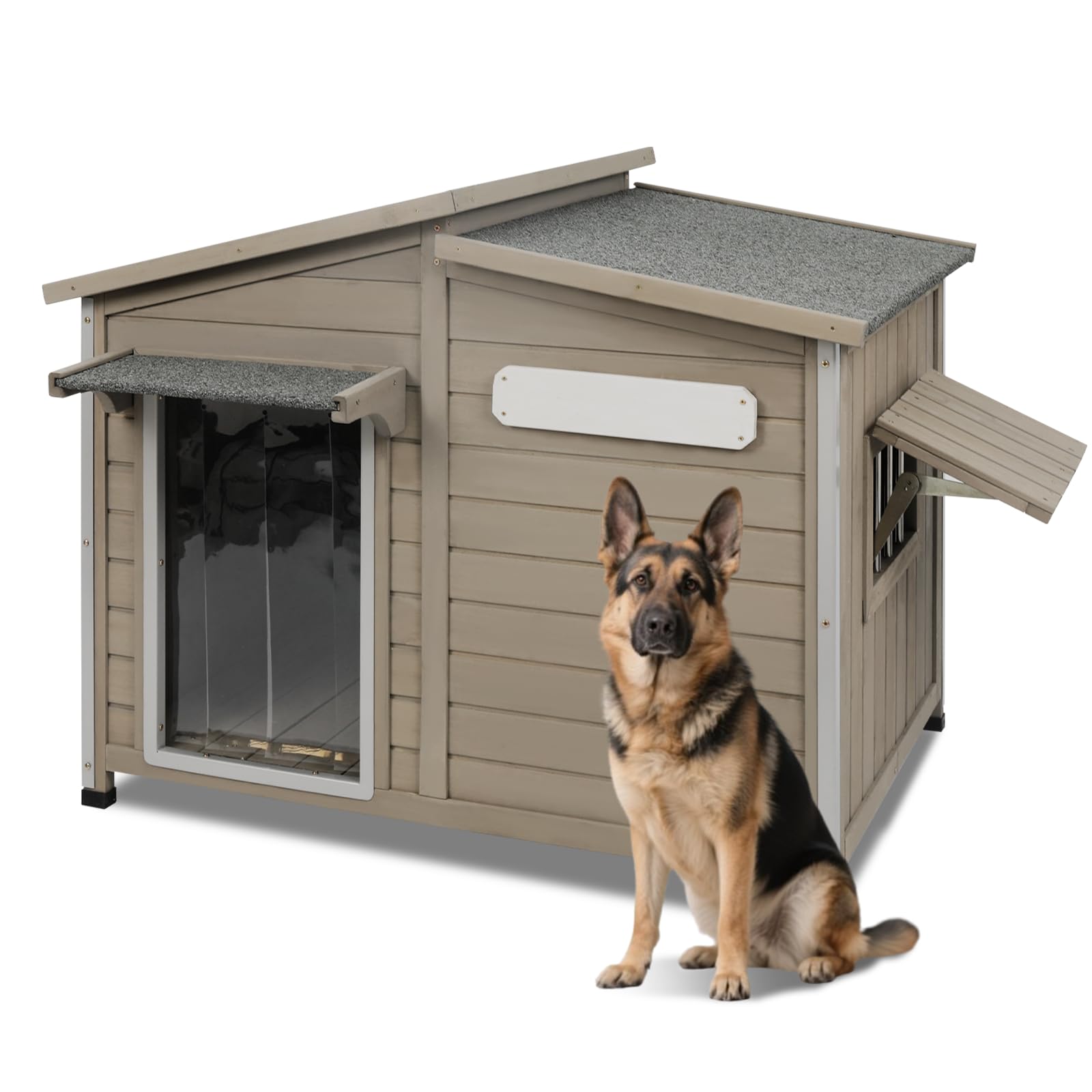 Large Outdoor Wooden Dog House, Weatherproof Dog Houses with Adjustable Vent Windows, Alloy Chew-Resistant Frame, Removable Floor for Medium & Large