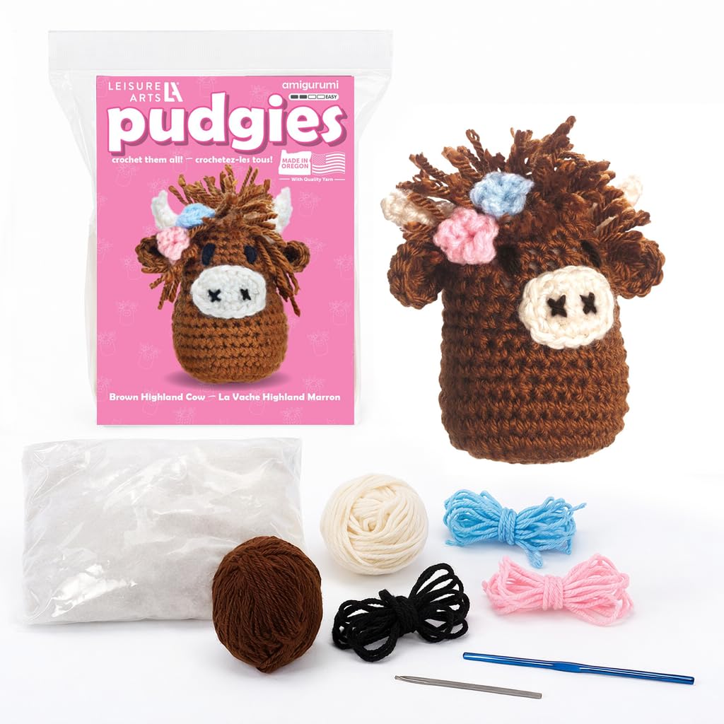 LEISURE ARTS Crochet Kit, Pudgies Highland Cow, Brown, 4", Crochet Kit for Beginners, Complete Kit, Animal Kits, Animal DIY Amigurumi Kits