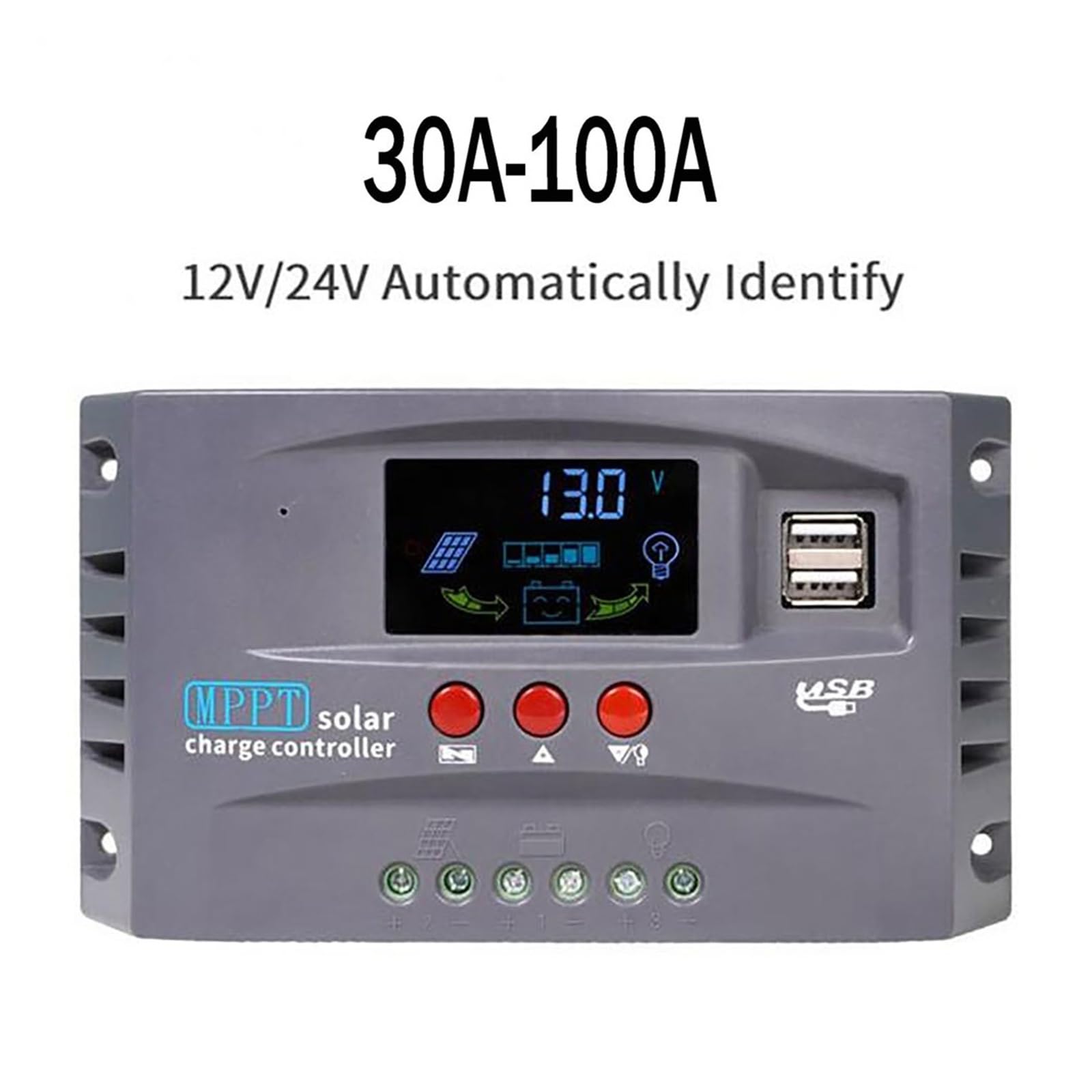 Regolatore di Carica Solare 30A-100A 5V/2A Uscita USB 12V/24V Display Adattivo Monitoraggio Automatico MPPT for Lifepo4 E Piombo-Acido(Solar Controller 30A)