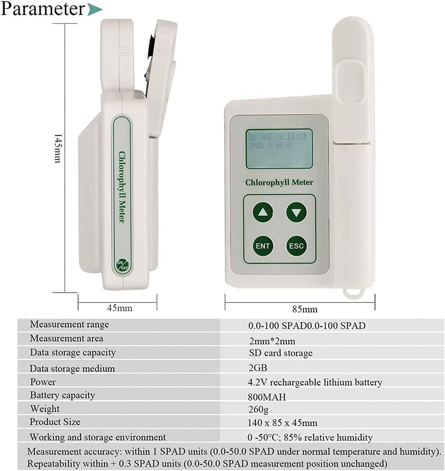 Portable Chlorophyll Meter Handheld Chlorophyll Analyzer Chlorophyll Tester Measuring for Testing Plant Chlorophyll 2000MAH Lithium Battery with USB Data Export