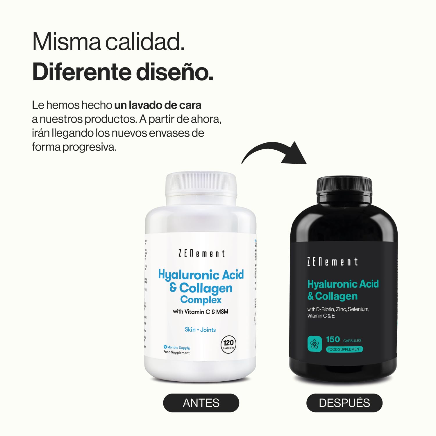 Ácido Hialurónico y Colágeno con Biotina, Zinc, Selenio, Vitaminas C y E - 150 Cápsulas - Para Piel, Articulaciones y Huesos - 1000 mg de Colágeno + 200 mg de Ácido Hialurónico por Dosis - Zenement