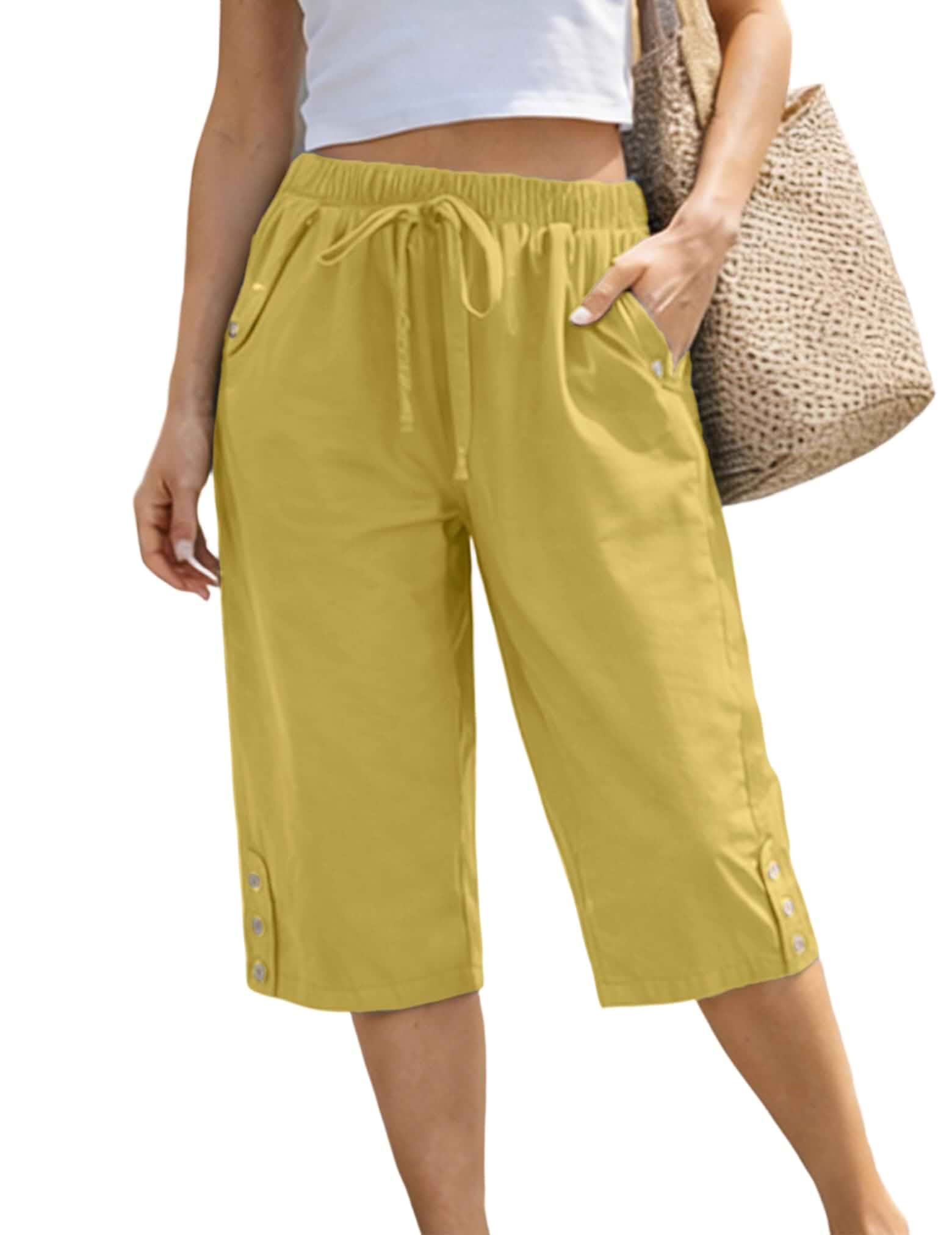 WROLEM Women Pocket Pants Lightweight Wide Leg Drawstring Elastic Waist Lounge Cropped Pants