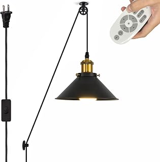 Swag Handing Industrial Pulley Design Pendant Lamp with 20ft Plug-in UL Dimmer Switch Cord Black Iron Cone Shape Shade with Wheel for Sloped Vaulted Ceiling No Wiring Needed TB0181-QPBK