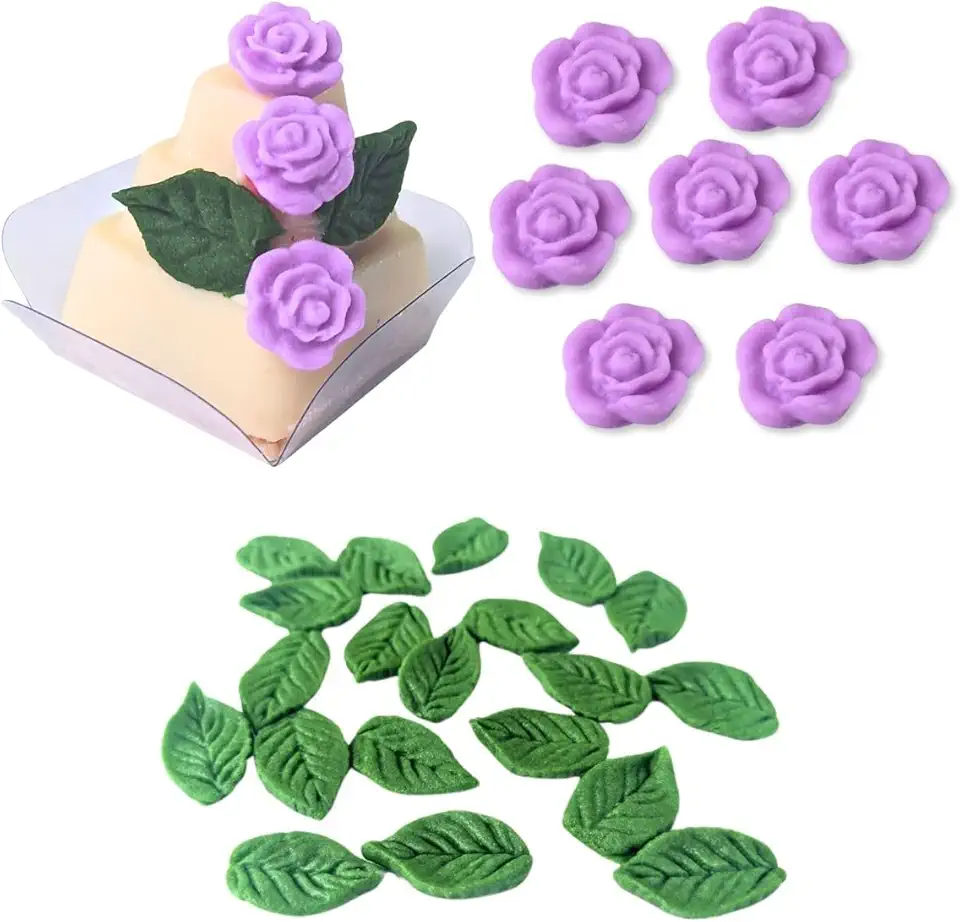 Flor de Açúcar Confeito Comestível Aplique Para Doces Finos Docinho Gourmet Mini Rosa Com Folhas 40 Peças (Lilás)