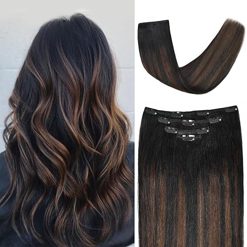 Extensiones de cabello humano Remy de 16 pulgadas con clip para mujer, extensiones de cabello real sedoso y lacio, balayage, 1.49 onzas, 4 piezas