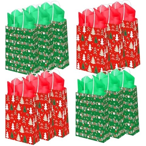 MEHOFOND 24 Merry Christmas Gift Paper Bags with Tissue paper, Xmas Red Green Bags with Tissue Paper and for present Wrapping Xmas Party Favor Decor Gift Bags Holiday Party Favor Decoration Supplies Cover