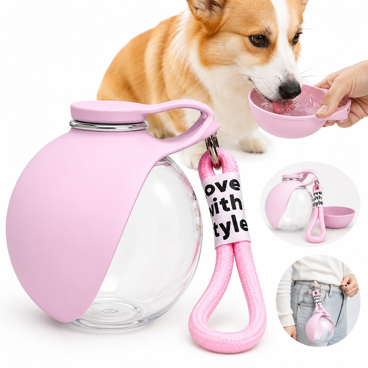 2 in 1 Portable Dog Water Bottle,10oz Stainless Steel Portable Dog WaterBottle,No-Spill Leak-Proof Design with Silicone Bowl,Travel Pet Water Dispenser,Perfect for Walking,Hiking,Camping and Travel