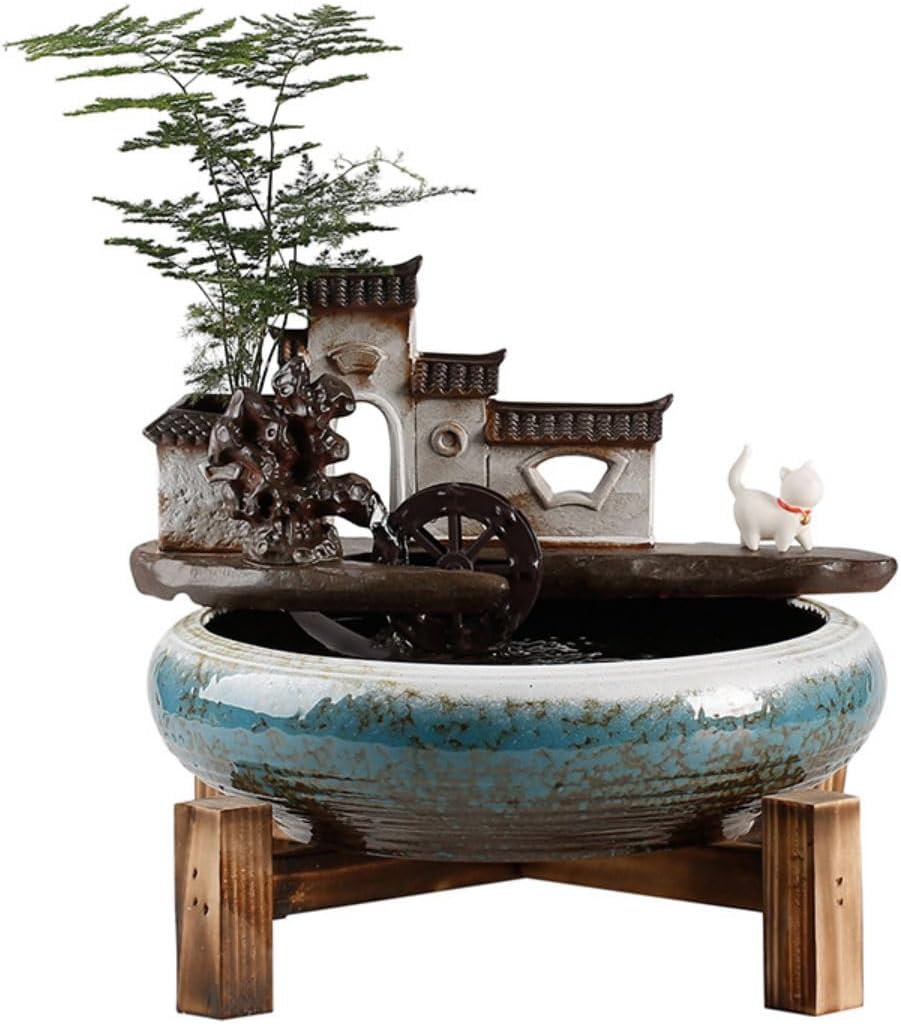 Ecqizer 江南庭院 Ceramic Tabletop Fountain/流水摆件/Indoor Outdoor Portable Tabletop Decorative/Feng Shui Ornament for Bringing Wealth/喷泉创意招财家居客厅办公室茶台桌面乔迁礼品(江南水乡流水摆件-李白望月), Black, 9471987783520