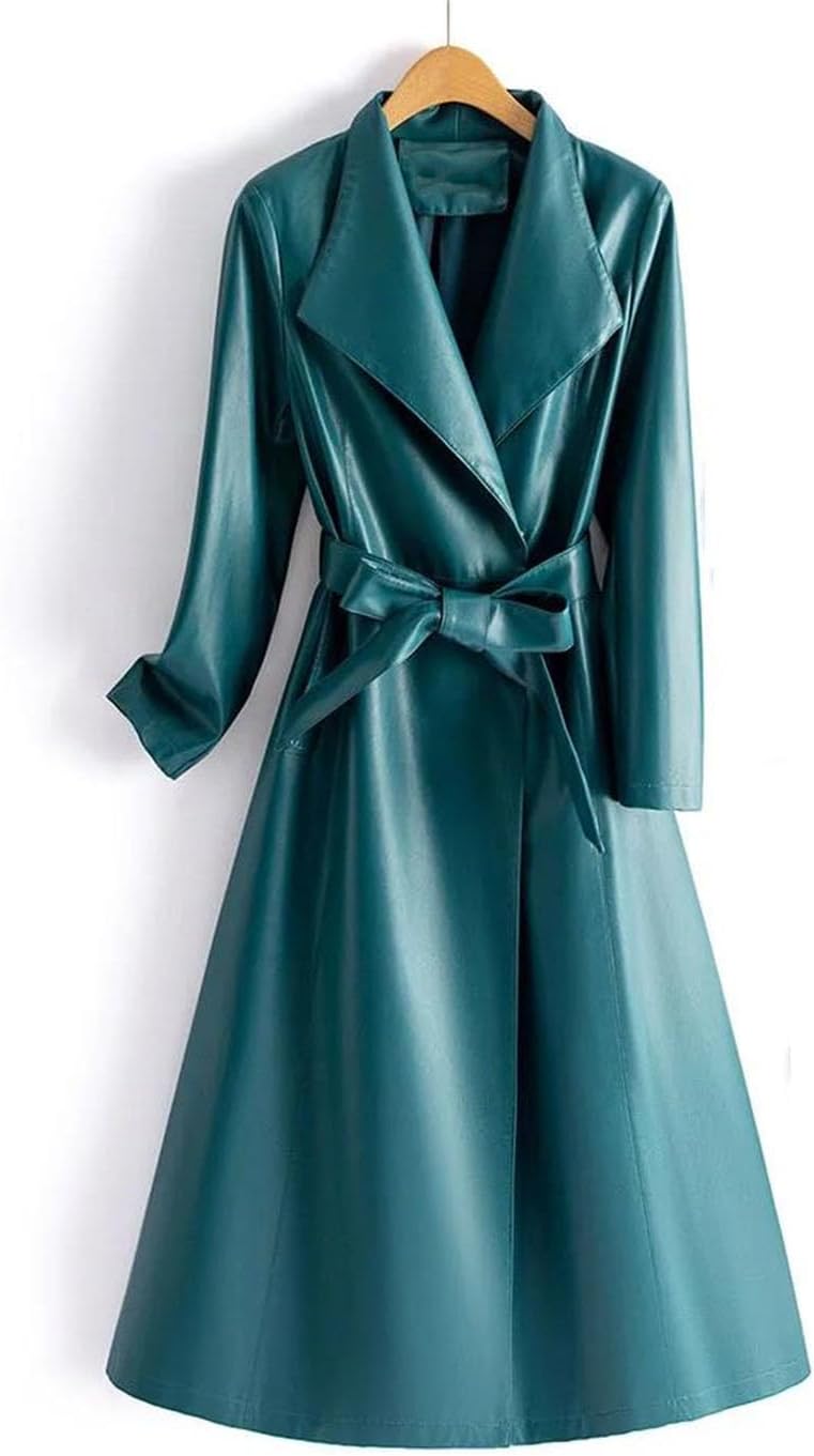 Women Leather Long Trench Coat For Turn Down Collar Sheepskin Jacket With Belt Windbreaker