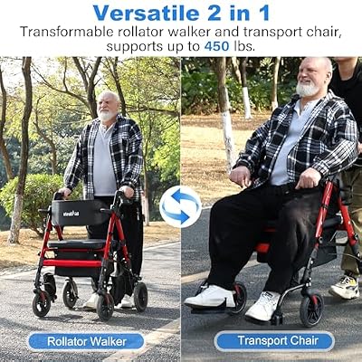 Walkers for Seniors 2 in 1 Wheelchair Combo, 450 lb Foldable Rollator Transport Chair with Seat, Heavy Duty Rolling Walker 10 Wheels for All Terrain, Red
