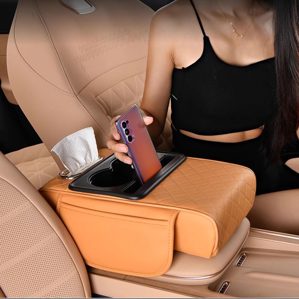 Coussin d'Accoudoir de Voiture pour VW T-Roc (A11 2017-2025 2026), Coussinet de Console Centrale avec Porte-Gobelet et Boîte à Mouchoirs, Housse d'Accoudoir avec Poche Latérale