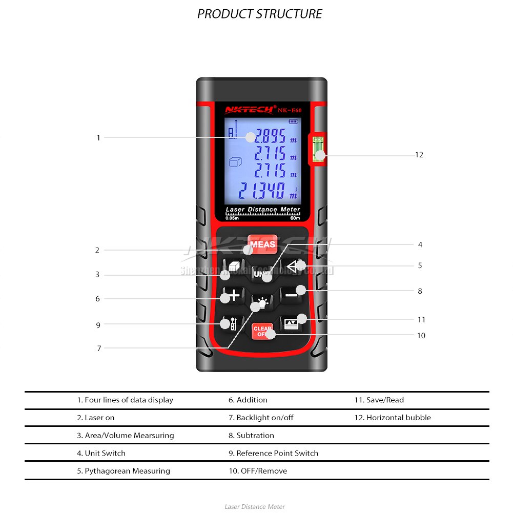 Laser Distance Meter Telemetro Laser 40 m 60 80 100 120 150 m Range Finder Strumenti m/in/ft Lunghezza nastro Area Volume Angolo di Misura 100 Data Air Bubble Level (NK-E60 120 ft)