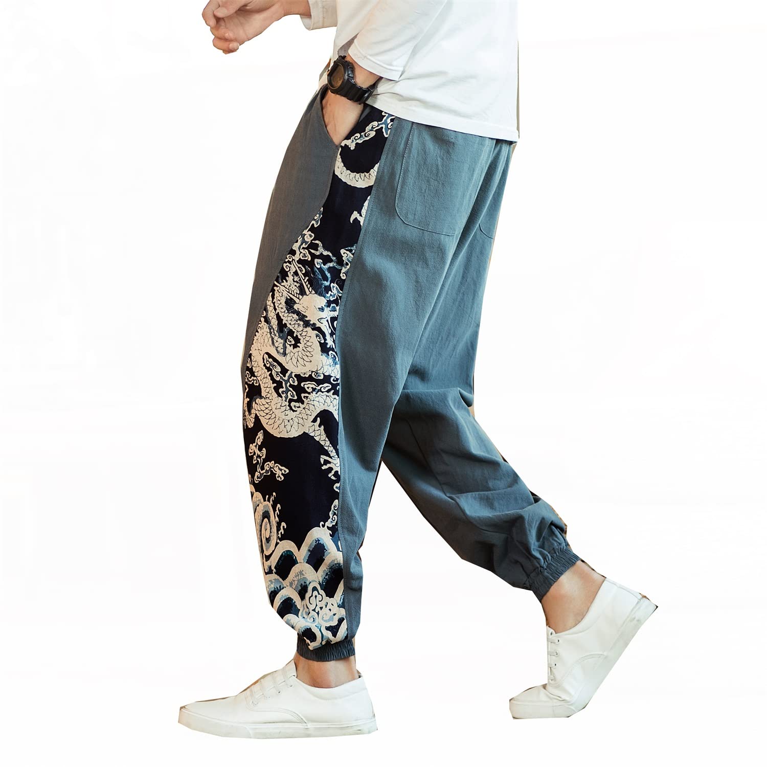 Seidarise Men's Linen Cargo Jogger Pant Japanese Hip Hop Sweatpants Harem Pants Sports, Green, XXL