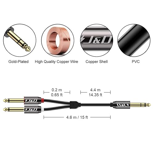 Miniatura 2 de J&D Cable de inserción estéreo TRS de 14 de pulgada, carcasa de cobre chapada en oro de 0.250 in macho a doble 0.250 in TS macho mono cable de