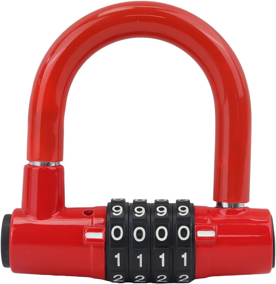 Mini Bike Lock Small U Lock Anti-Theft Bicycle Lock High Security Wheel Lock with 4 Digit Resettable Password Combination for Road Mountain Bike Motorcycle Scooters Box (Red)