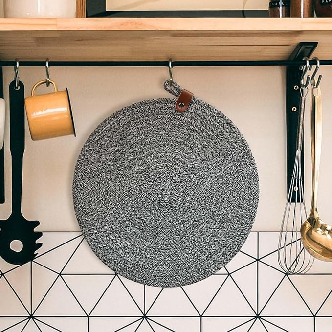Image of Cotton Rope Placemat Set with Coasters and Holder 6 Pieces Round Woven Table | Mats Natural Beige Heat Resistant | Dining Table Decor | Durable Washable Kitchen Accessories (Gry Mix White)