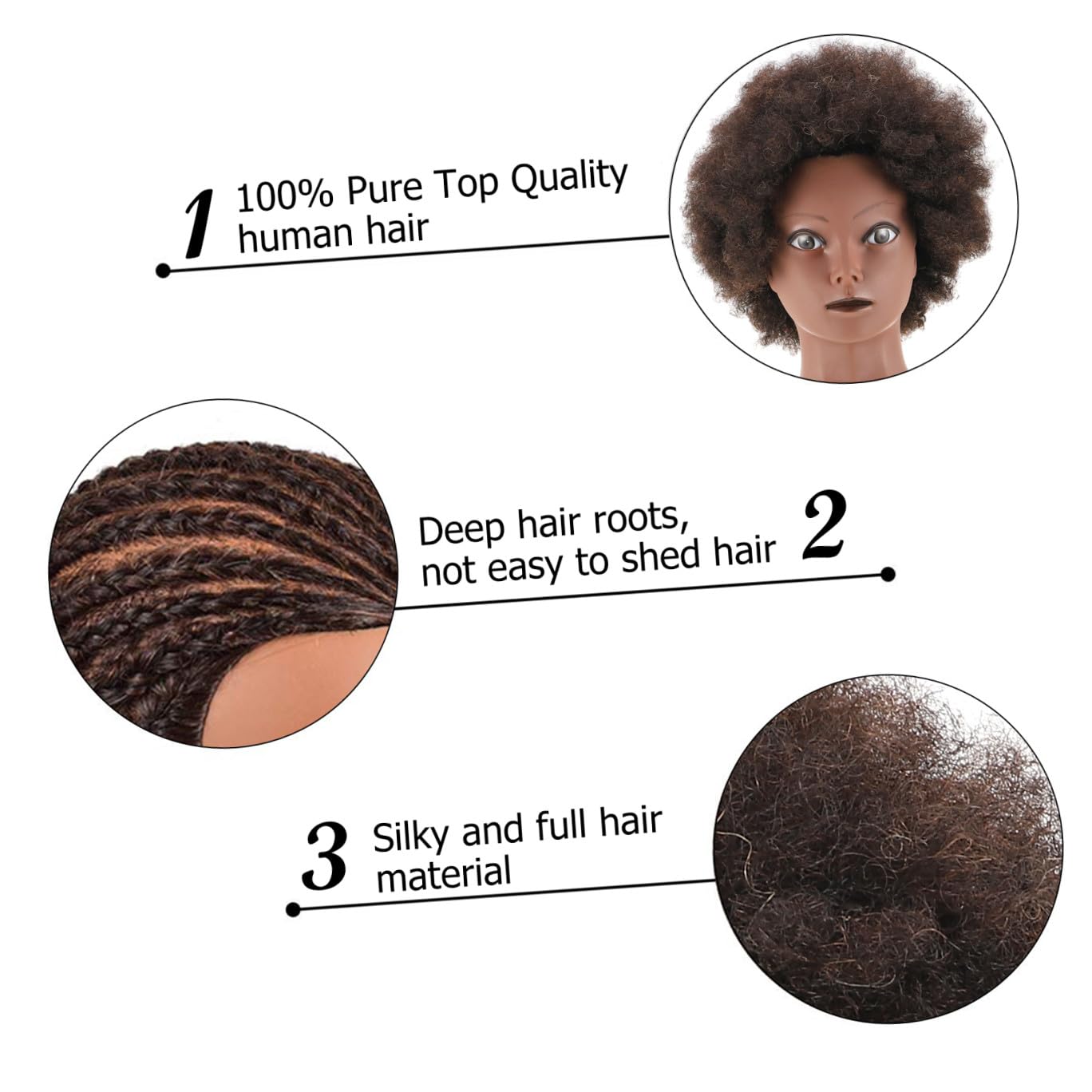 Afrikanischer Mannequinkopf Trainingspuppenkopf mit Schwarzem Haar | Friseurbedarf für Barber und Haarstyling Training, Dichtes Haar, Fest Eingesetzt, Kunststoff Haar