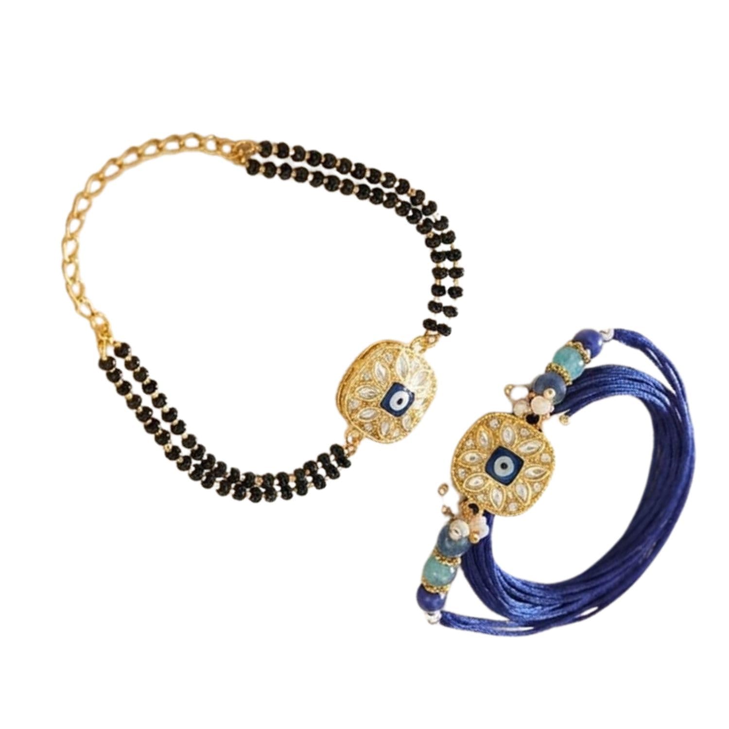 Classic Evil Eye Rakhi with Handmade Blue Thread and Black Beaded Bracelet Set-image-24