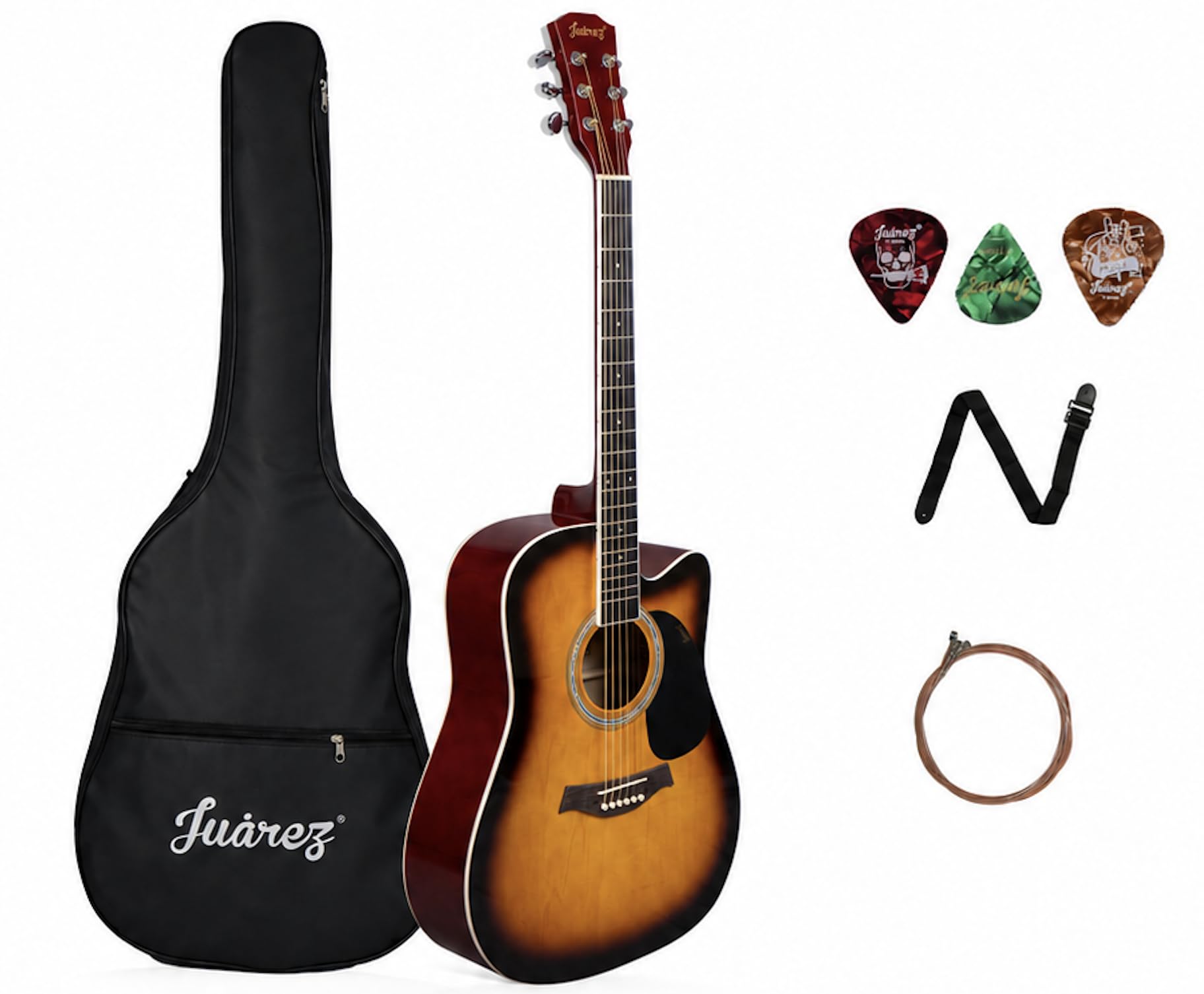 JUAREZ 41 Inch Cutaway Acoustic Guitar Kit with Truss Rod, Linden Wood Body, High Gloss Sunburst Finish, Gig Bag, Extra Strings, Strap & 3 Picks for Beginners (JRB41C-3TS)-image-40