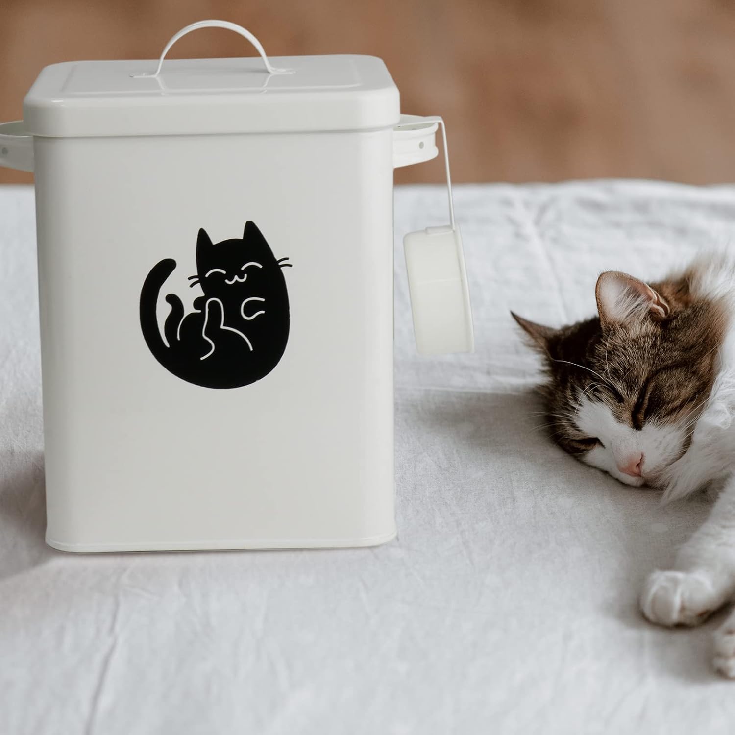 Dog and Cat Food Storage Container,Cute Pet Food Storage Containers with Lids and Metal Dry Food Scoop, Cat Mouse Toys, Moisture Proof Storage Box, Durable Airtight Great for Pet Owners, White(Pink)