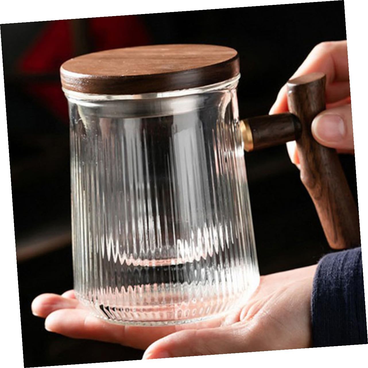 ARTIBETTER Glass Tea Mug with Infuser and Lid 380ml Ribbed Borosilicate Glass Cup with Wooden Handle for Home and Office Tea Brewing Set